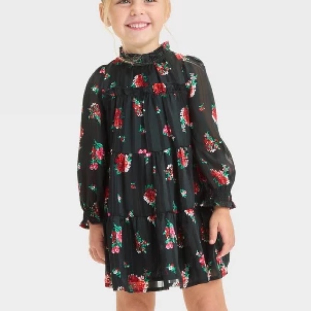 🔥3/$15 Cat & Jack Black red green flowy Floral Kids Dress medium 8